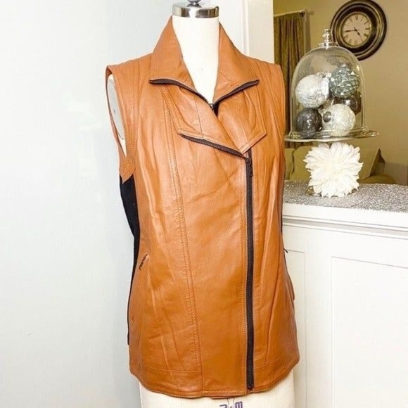 Mural Brown Leather & Wool Zip Up Vest Moto Jacket Small - Picture 6 of 12